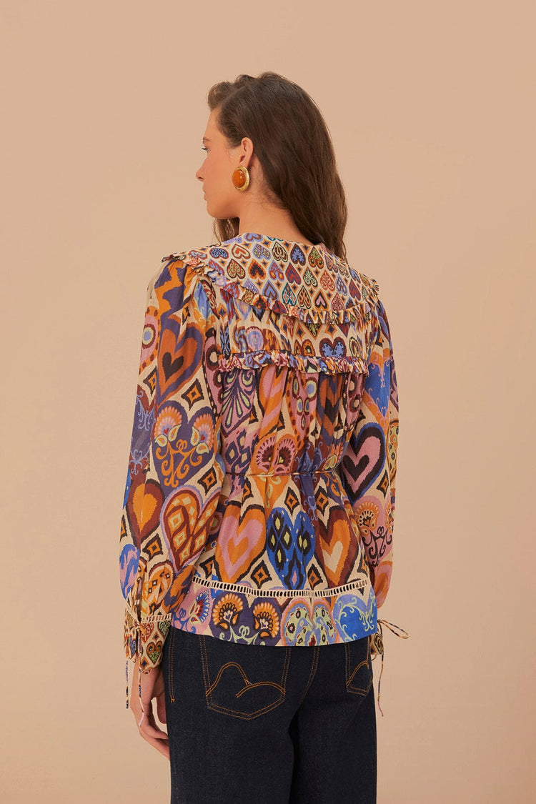 FARM Rio model wearing the Cream Hearts Ikat Blouse