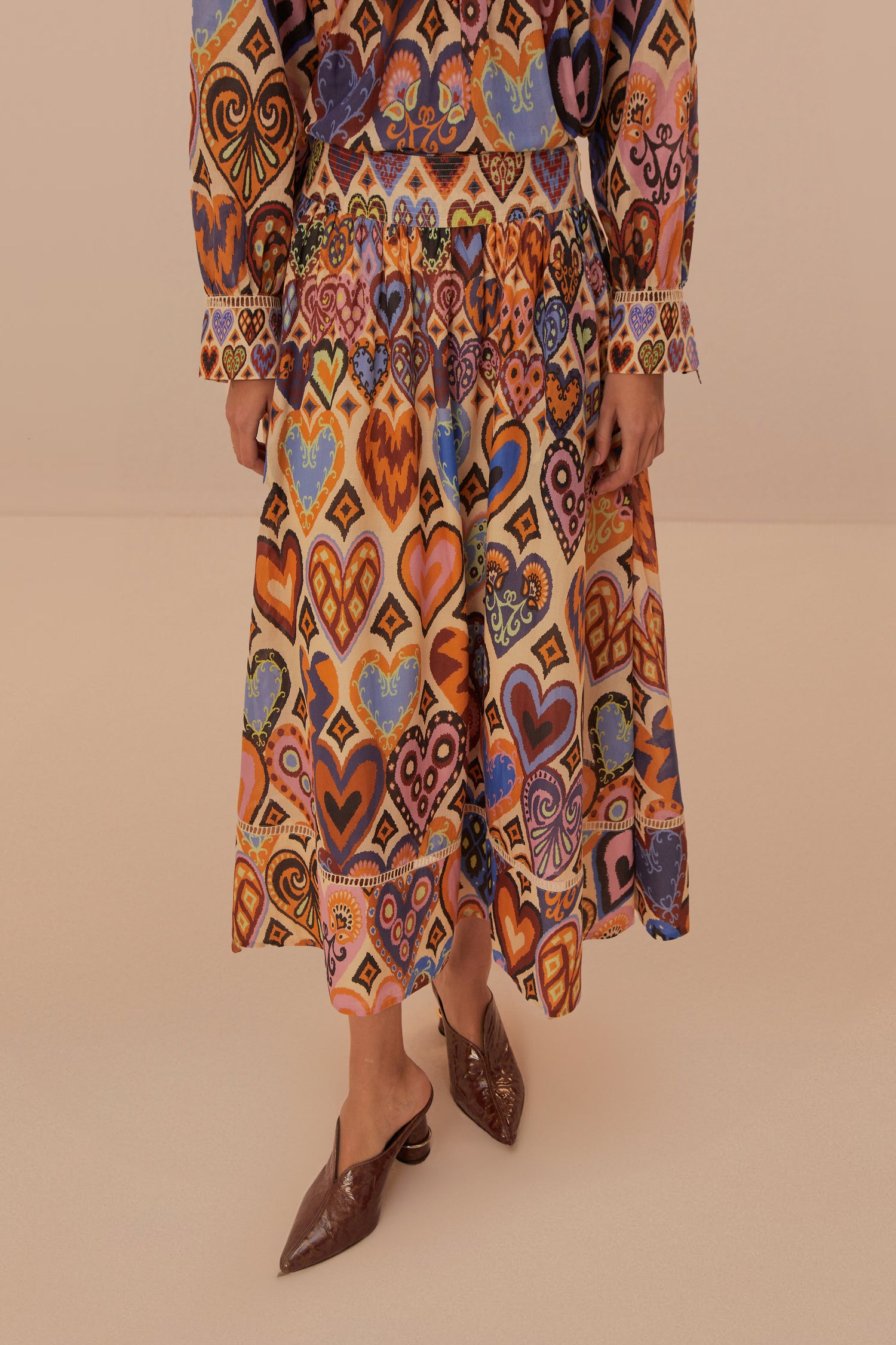 FARM Rio model wearing the Hearts Ikat Cream Midi Skirt