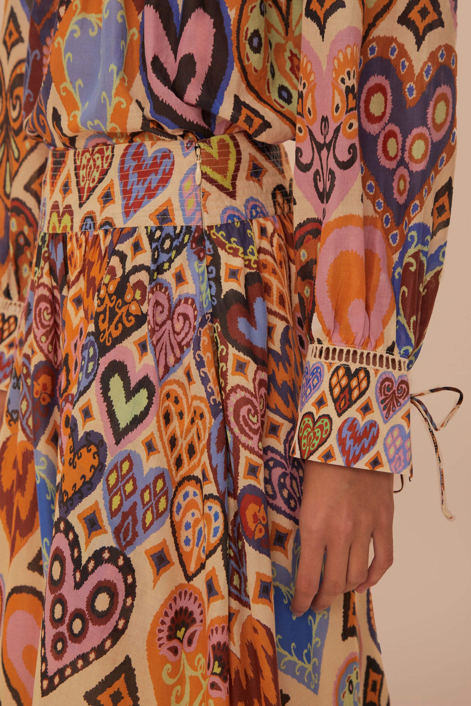 FARM Rio model wearing the Hearts Ikat Cream Midi Skirt