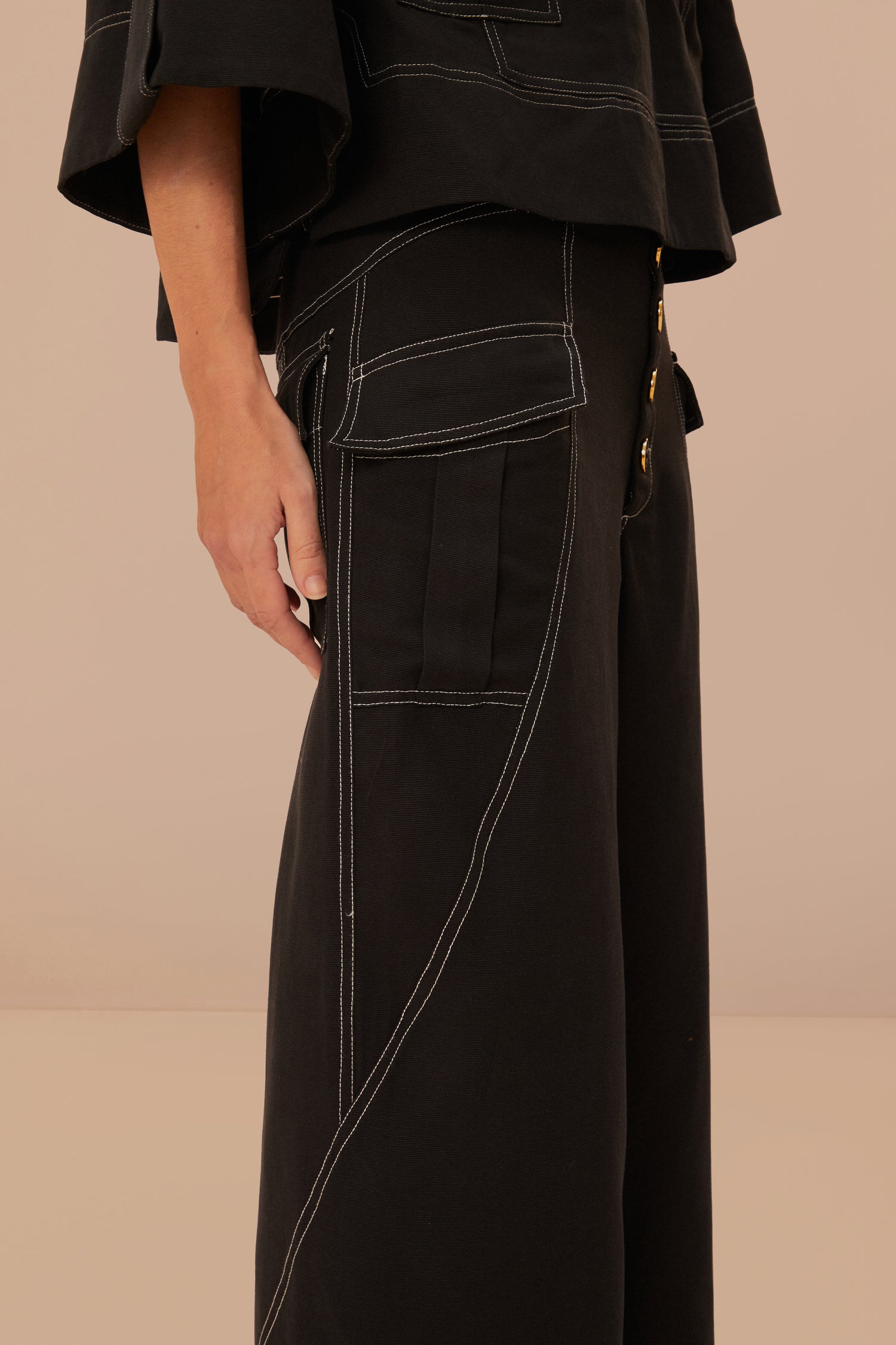 FARM Rio model wearing the Black Low Waisted Topstiched Pants