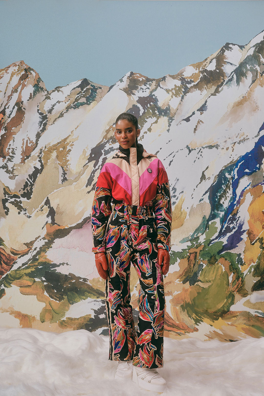 FARM Rio model wearing the Artsy Banana Ski Jumpsuit