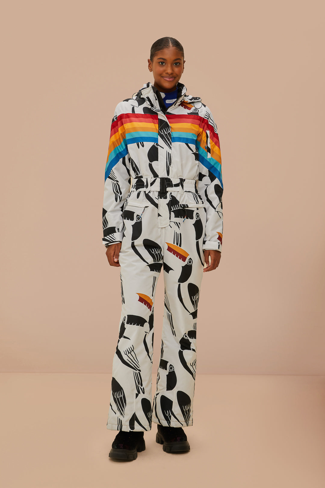 FARM Rio model wearing the Toucans Rainbow Ski Jumpsuit