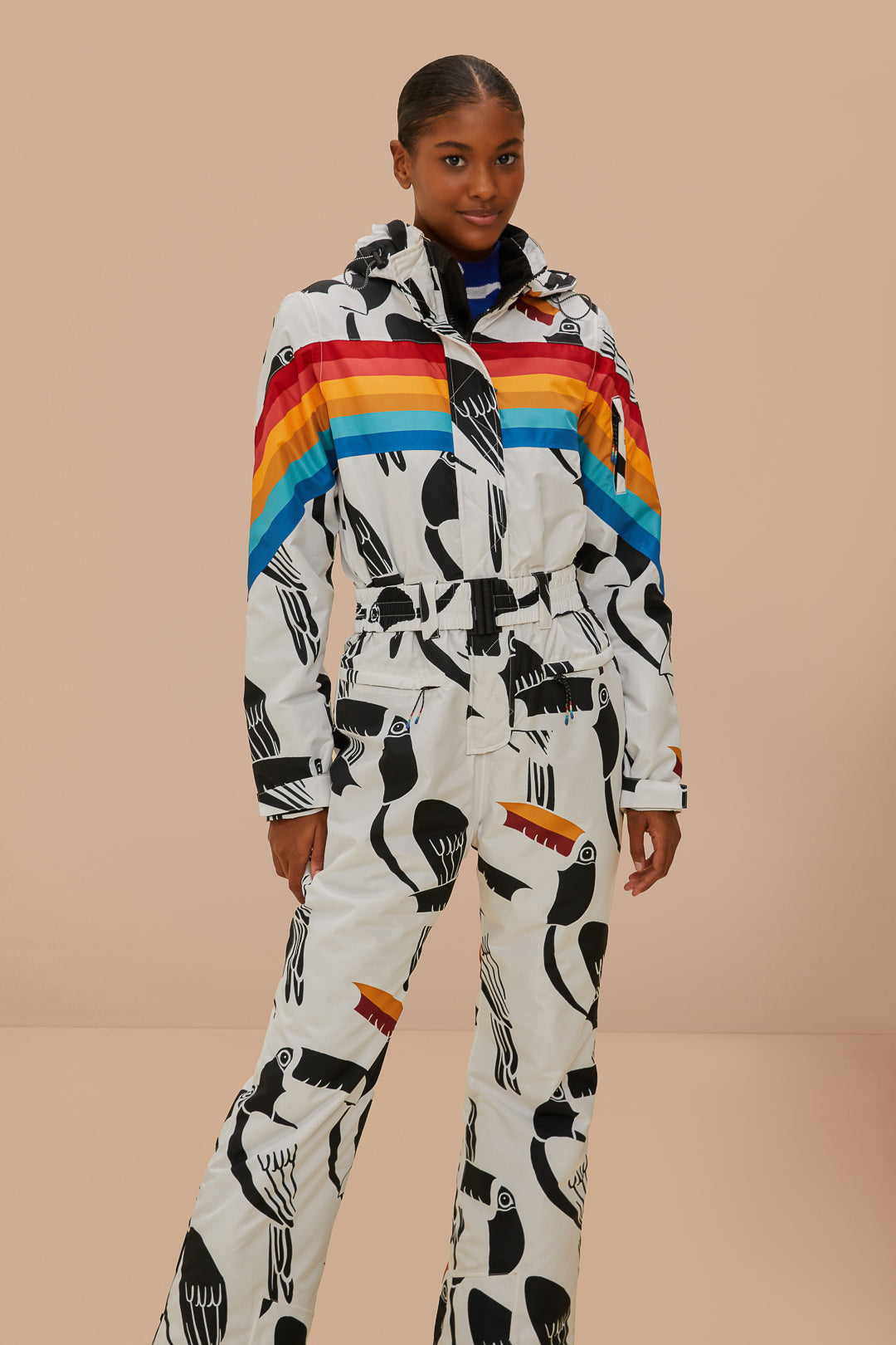 FARM Rio model wearing the Toucans Rainbow Ski Jumpsuit