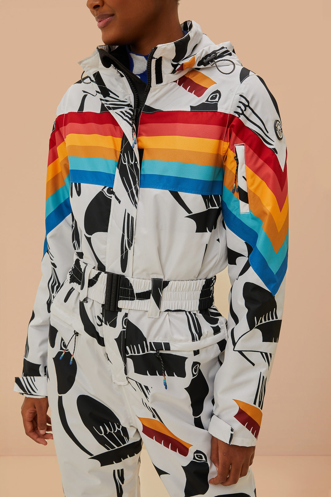 FARM Rio model wearing the Toucans Rainbow Ski Jumpsuit