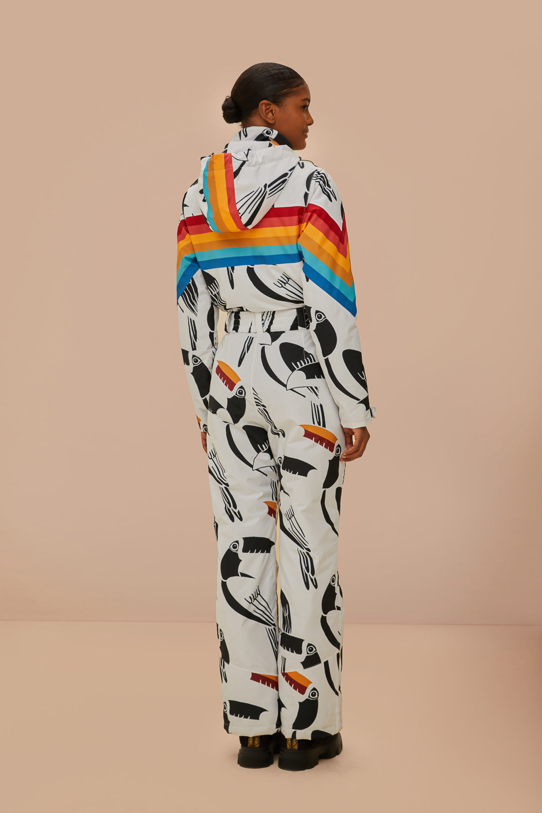 FARM Rio model wearing the Toucans Rainbow Ski Jumpsuit