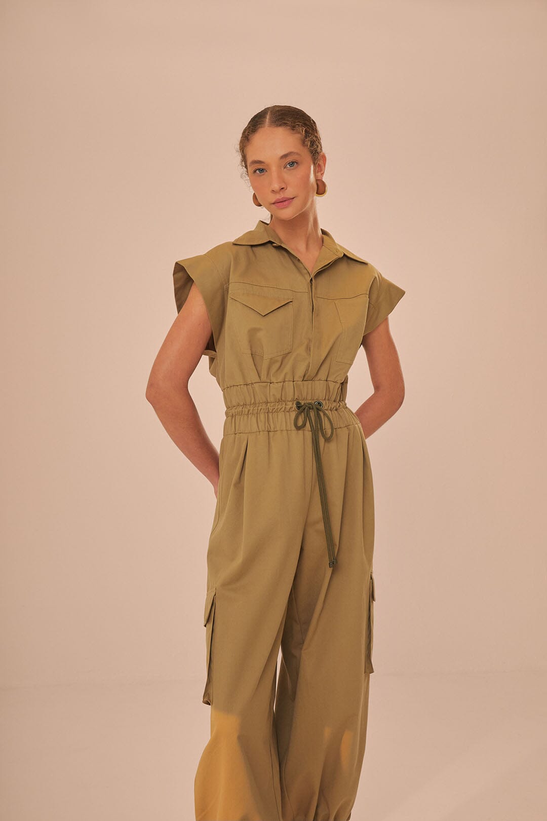 FARM Rio model wearing the Dark Green Utility Jumpsuit