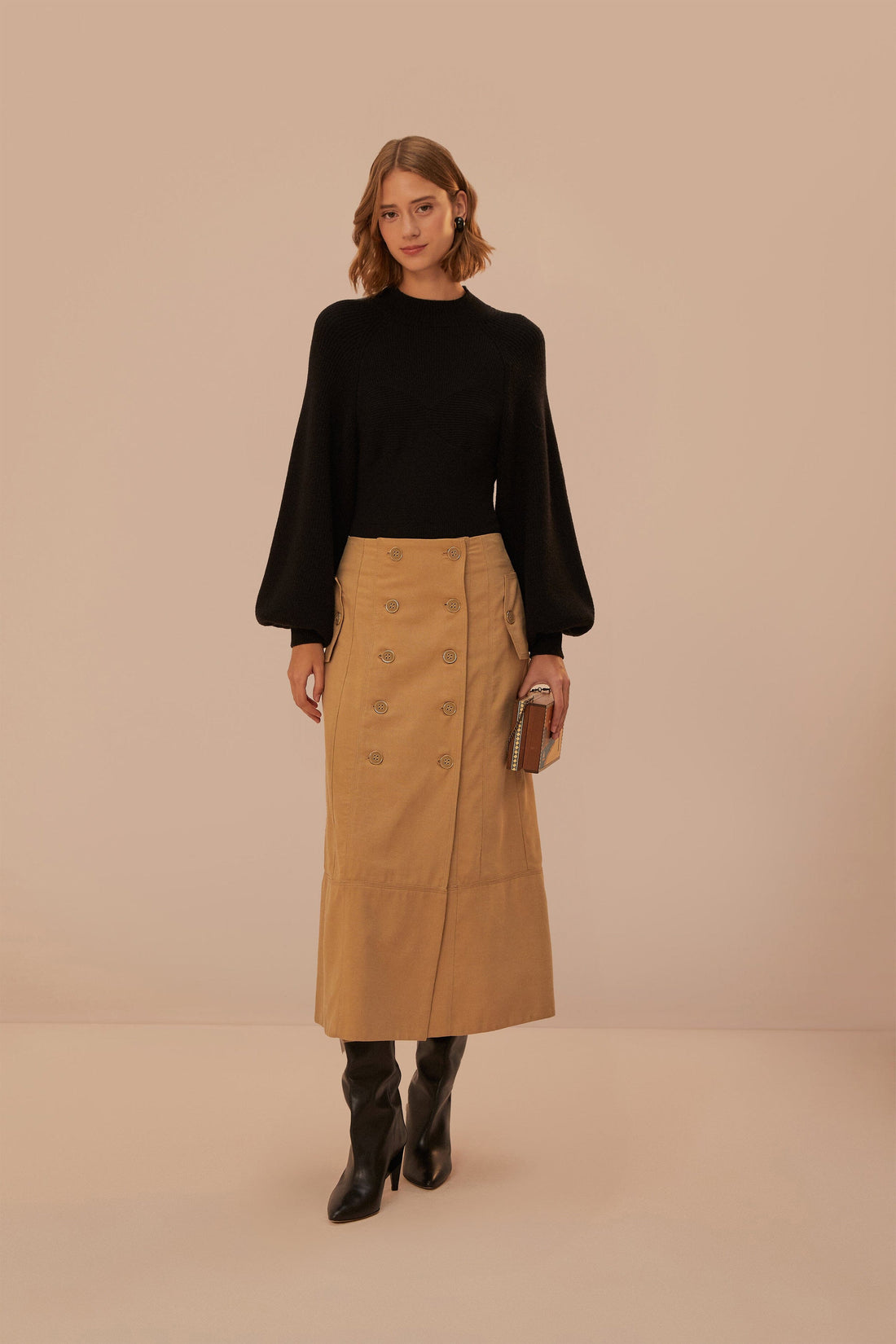 FARM Rio model wearing the Brown Yoked Midi Skirt