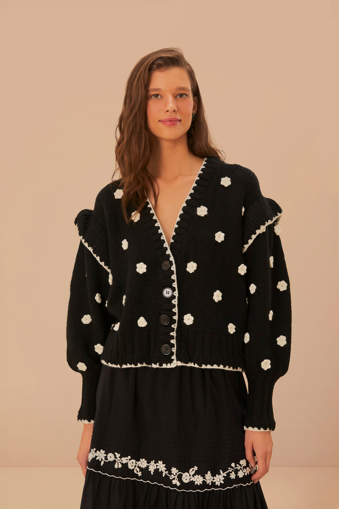 FARM Rio model wearing the Black And White Flowers Knit Cardigan