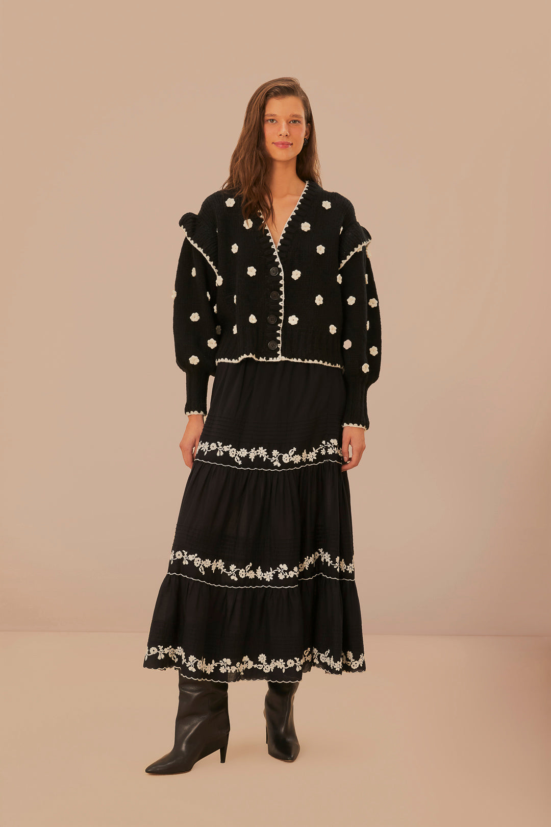 FARM Rio model wearing the Black And White Flowers Knit Cardigan