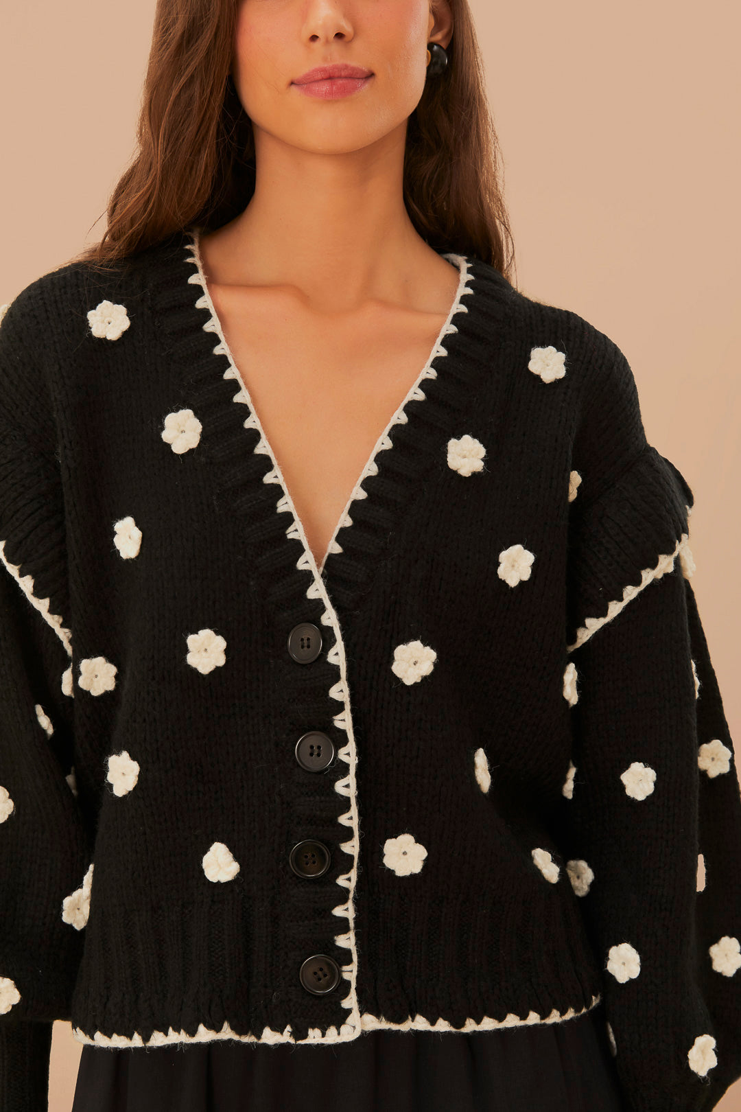 FARM Rio model wearing the Black And White Flowers Knit Cardigan