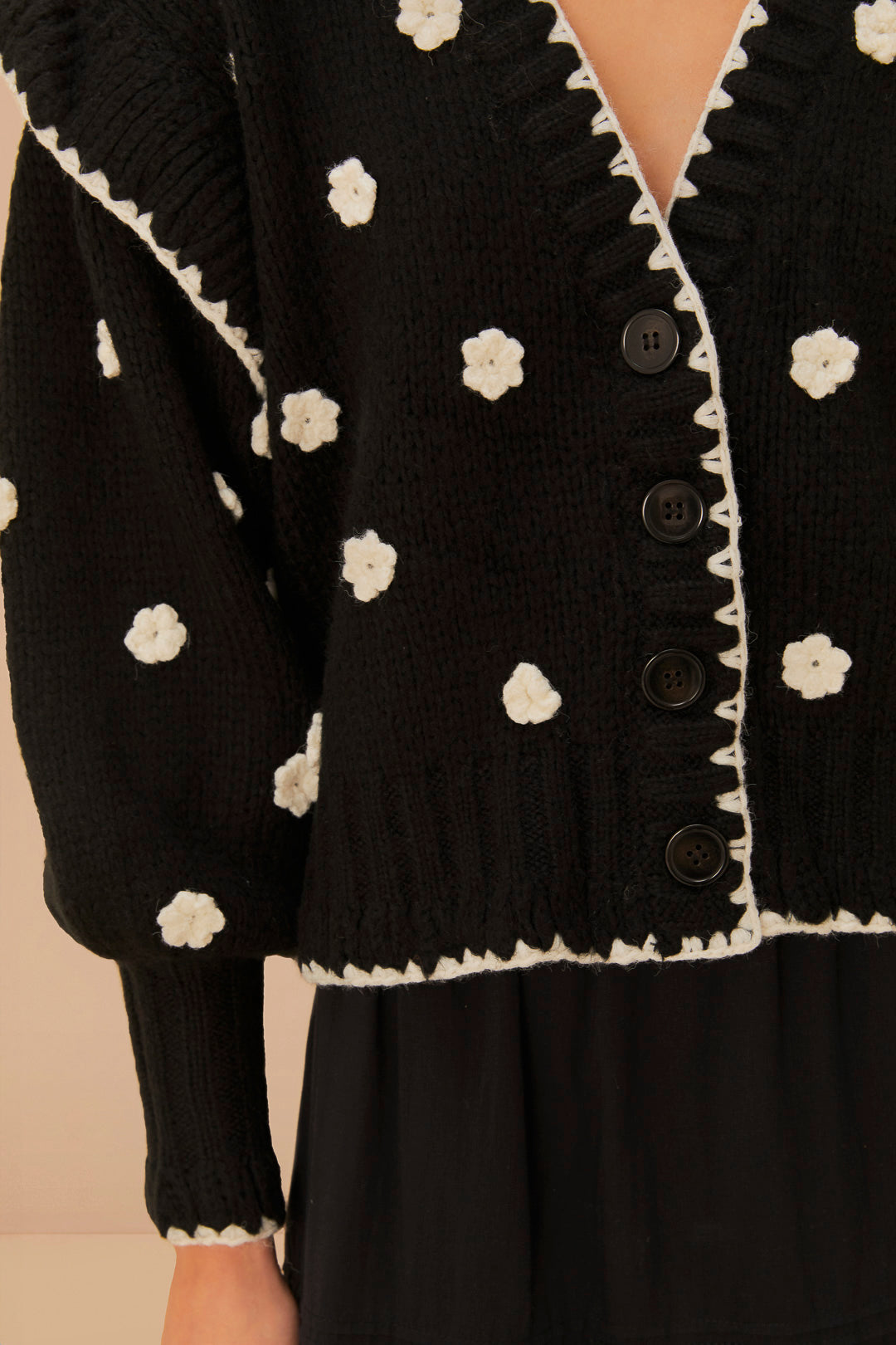 FARM Rio model wearing the Black And White Flowers Knit Cardigan