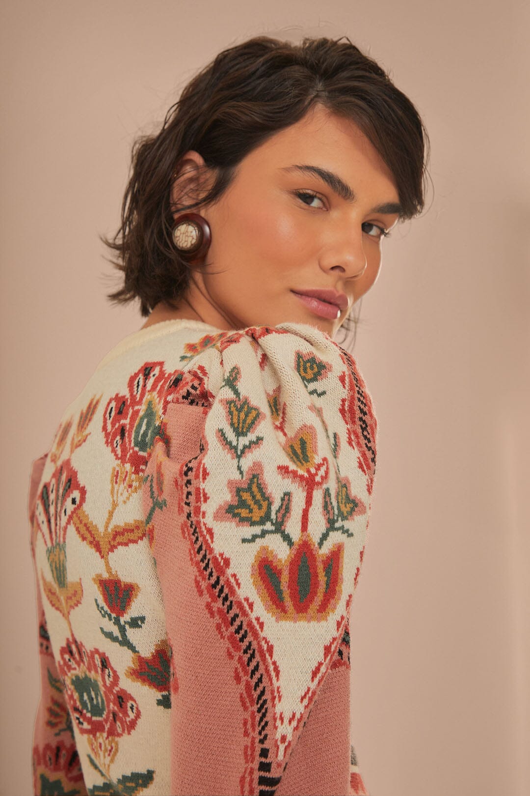 FARM Rio model wearing the Riad Cream Knit Dress