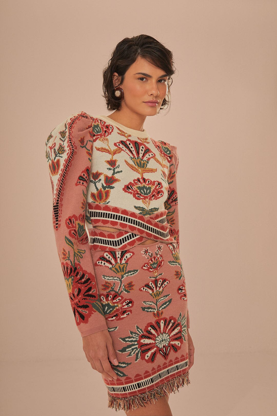 FARM Rio model wearing the Riad Cream Knit Dress