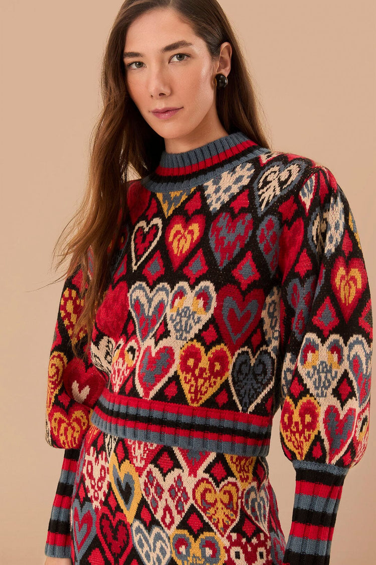 FARM Rio model wearing the Black Hearts Ikat Knit Sweater