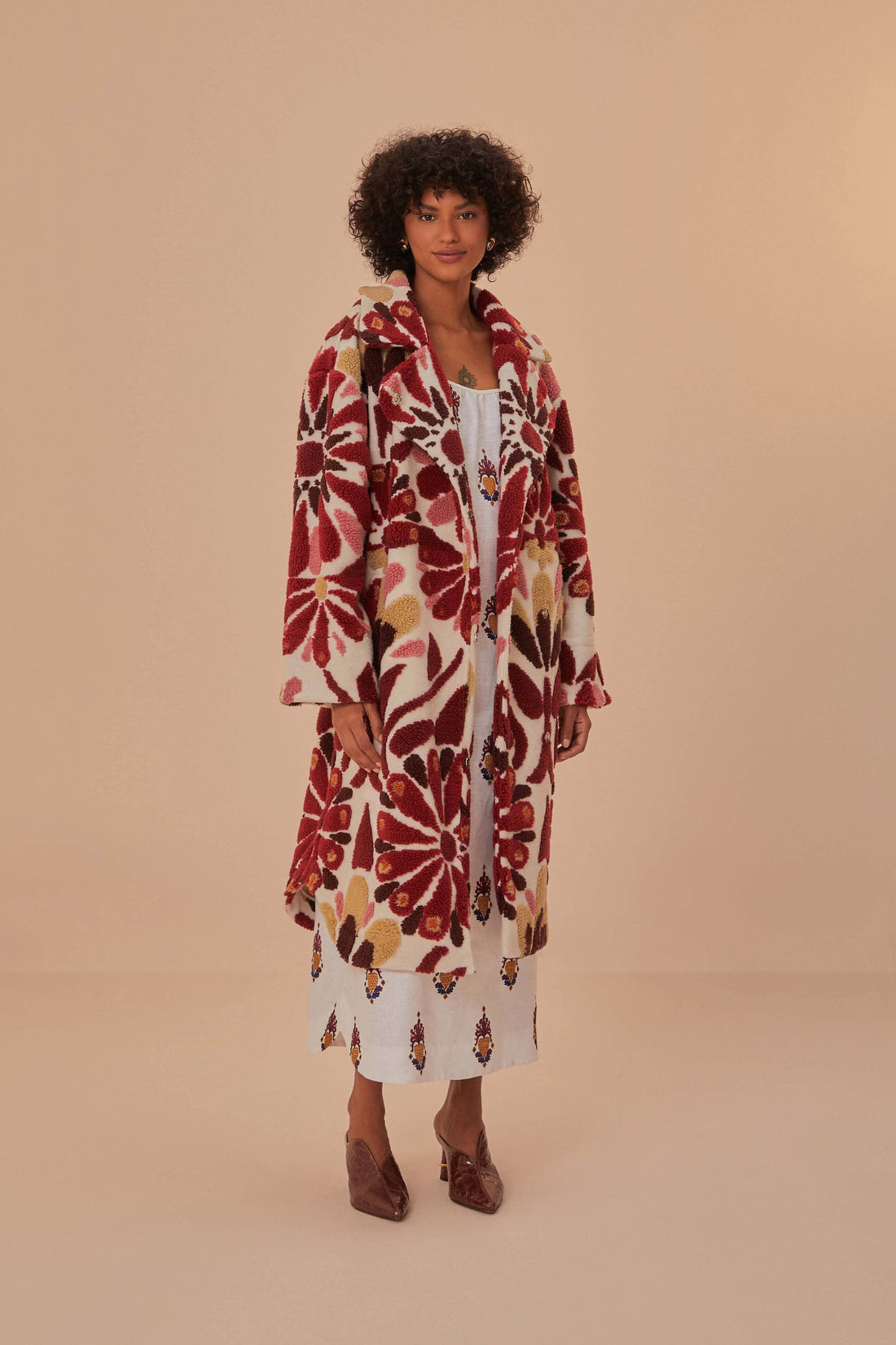 FARM Rio model wearing the Ainika Flowers Fleece Coat