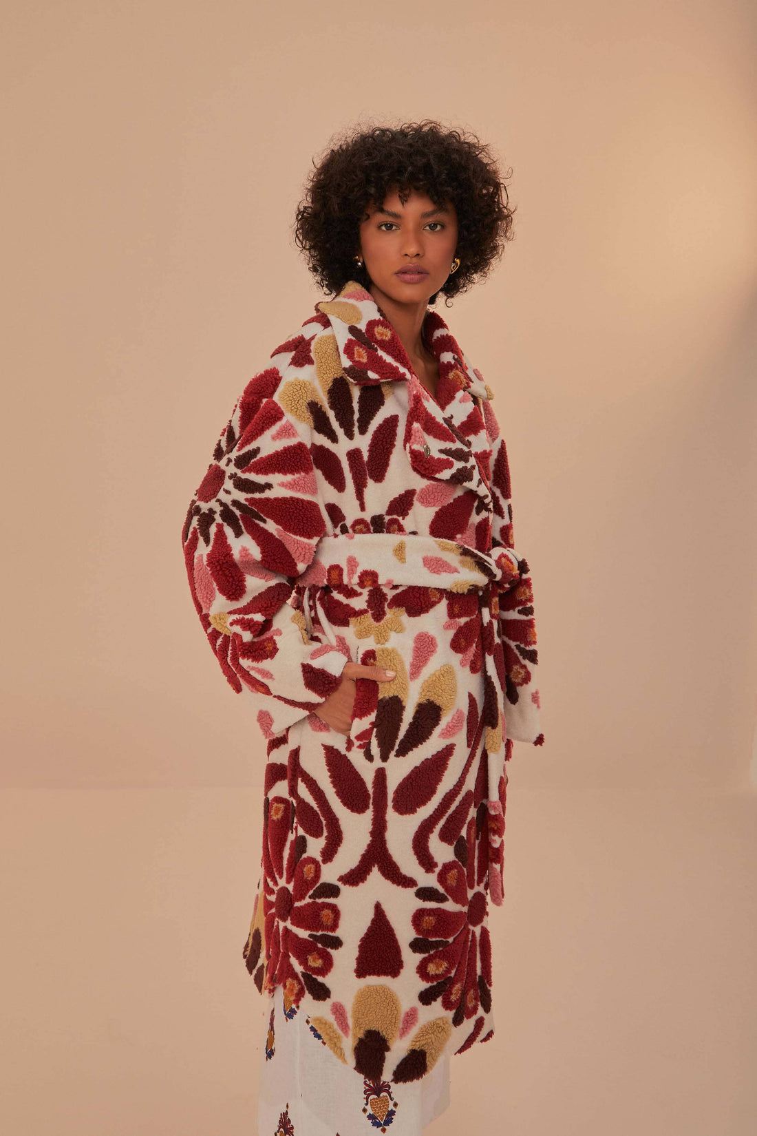 FARM Rio model wearing the Ainika Flowers Fleece Coat
