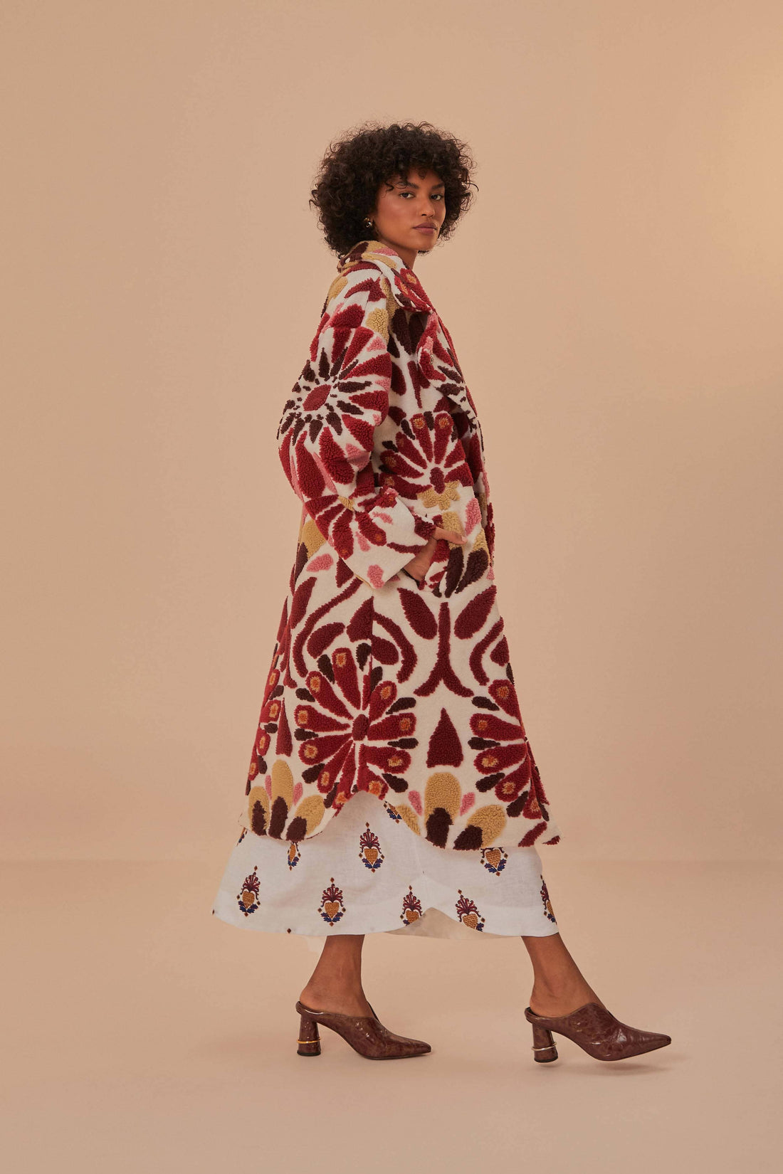 FARM Rio model wearing the Ainika Flowers Fleece Coat