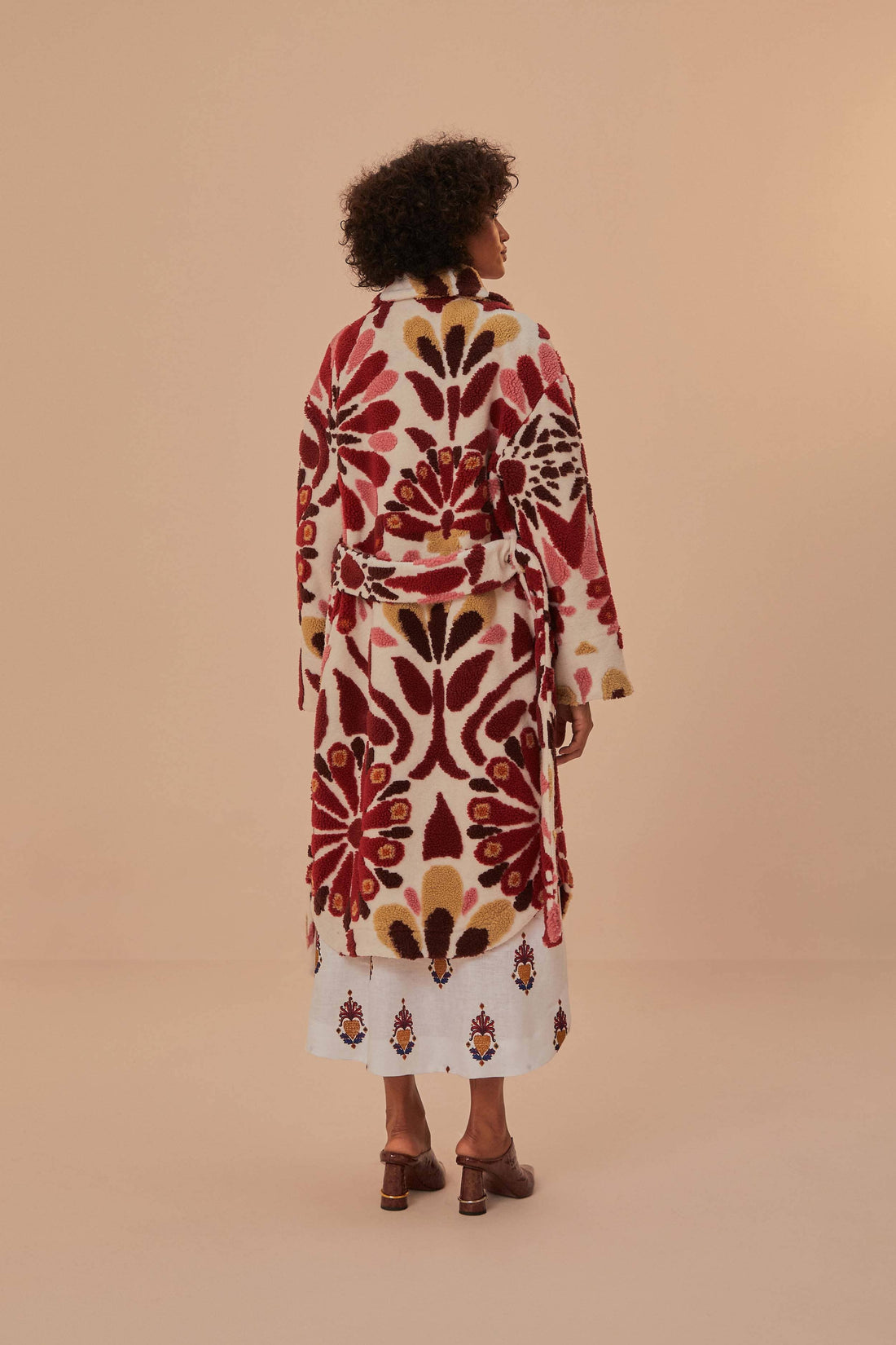 FARM Rio model wearing the Ainika Flowers Fleece Coat