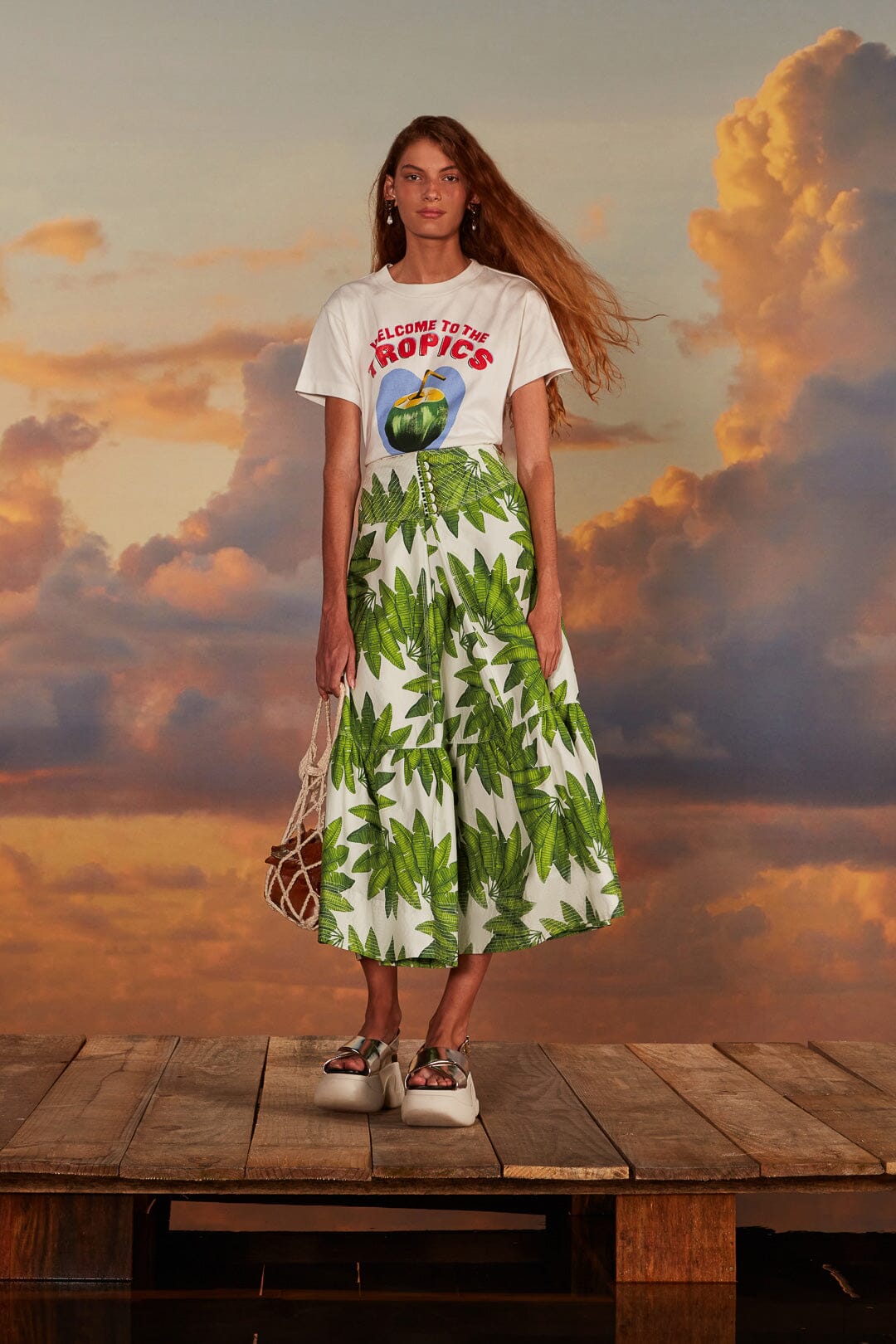 FARM Rio model wearing the Palm Fan Off-White Maxi Skirt