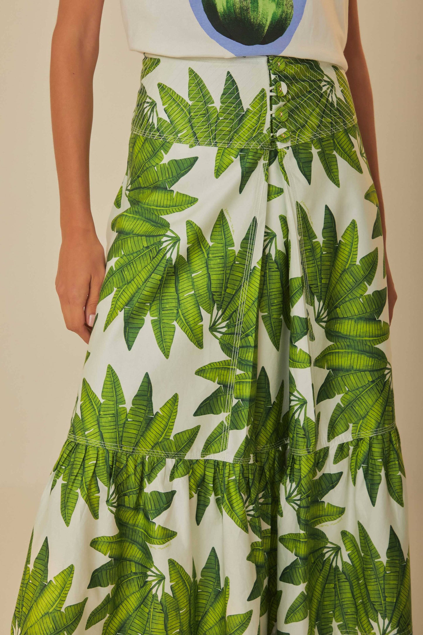 FARM Rio model wearing the Palm Fan Off-White Maxi Skirt