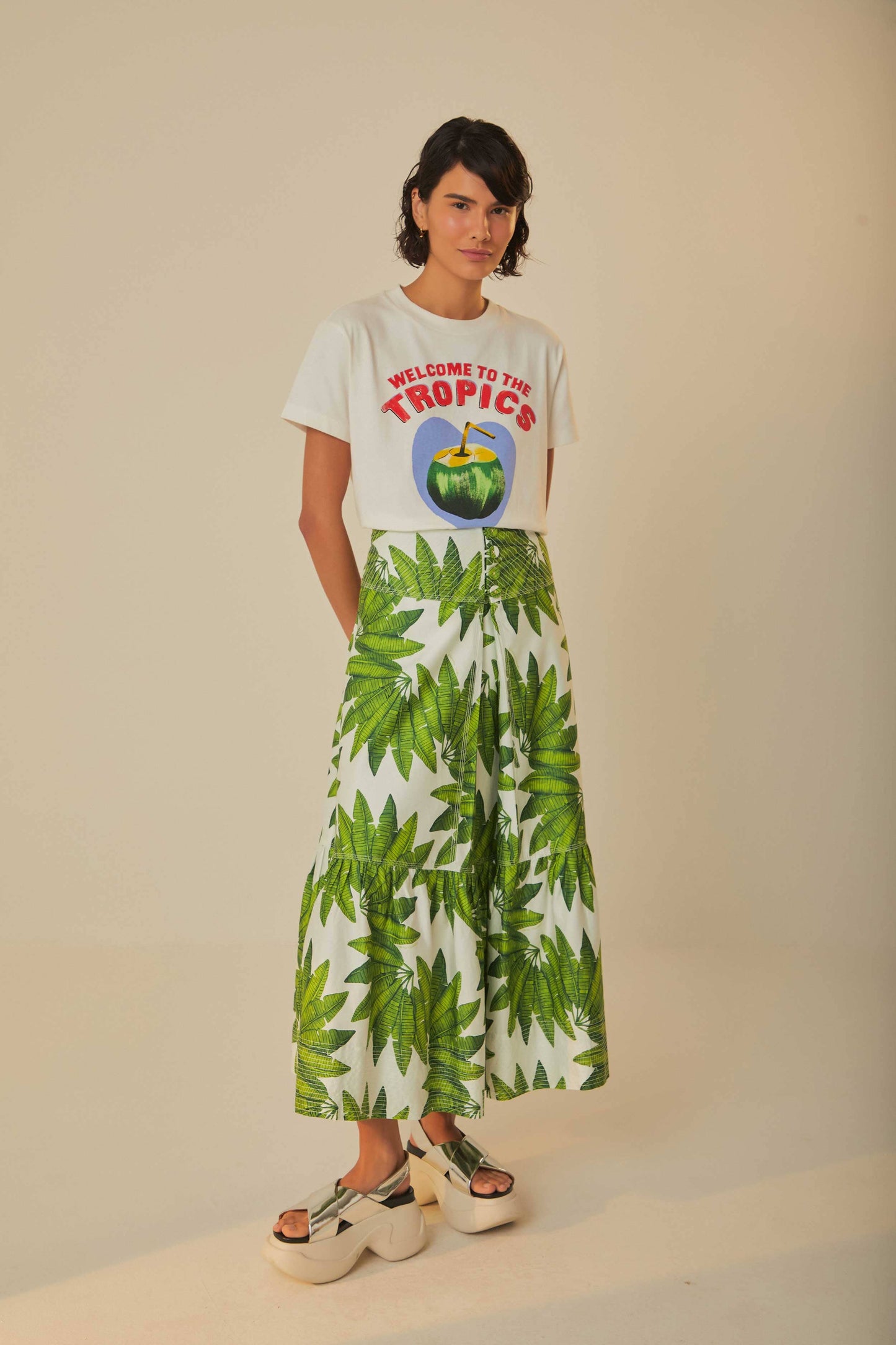FARM Rio model wearing the Palm Fan Off-White Maxi Skirt