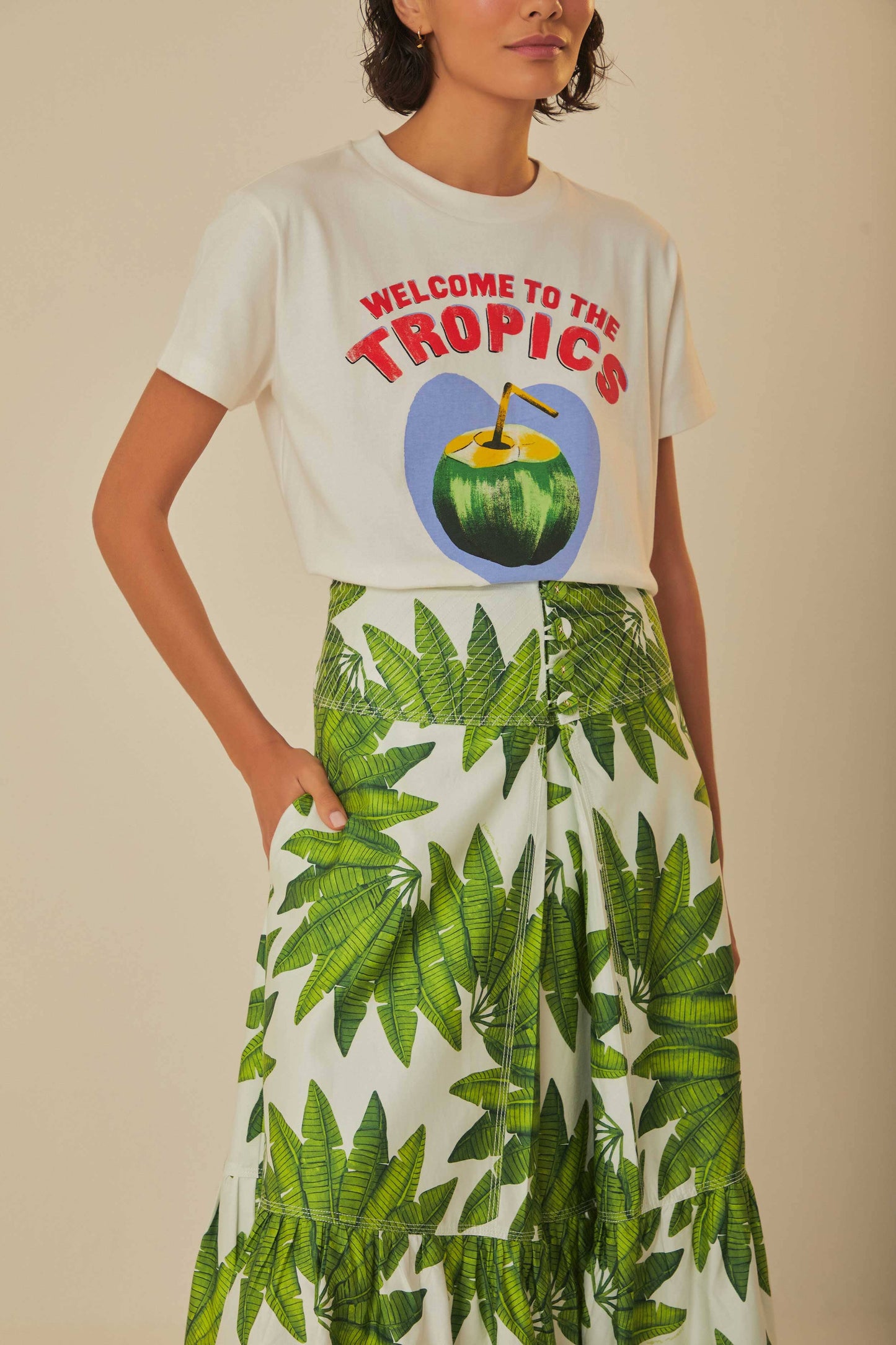 FARM Rio model wearing the Palm Fan Off-White Maxi Skirt