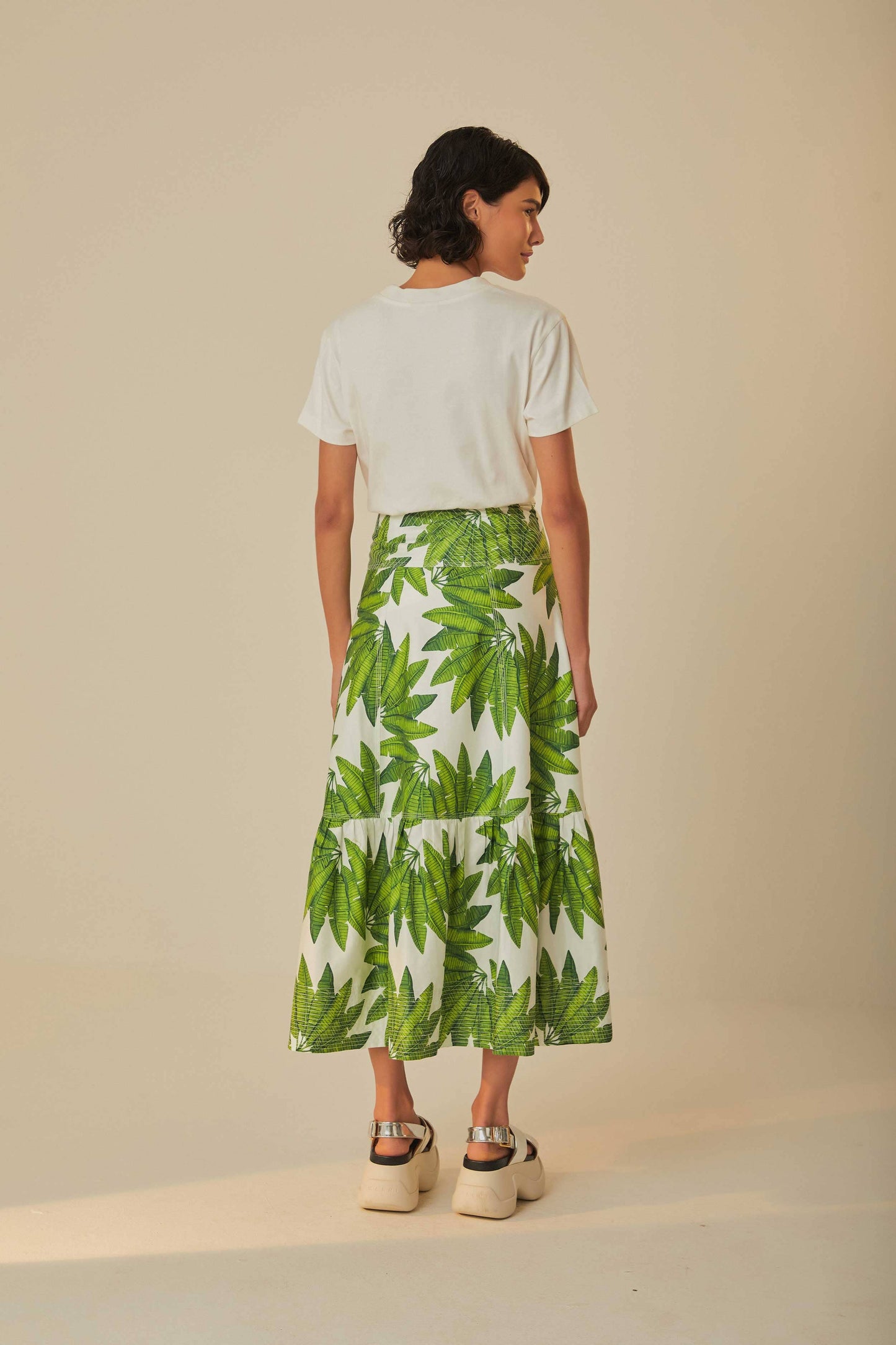 FARM Rio model wearing the Palm Fan Off-White Maxi Skirt