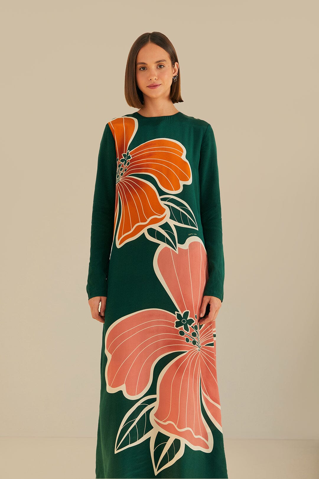 FARM Rio model wearing the Honolulu Flowers Green Long Sleeve Maxi Dress