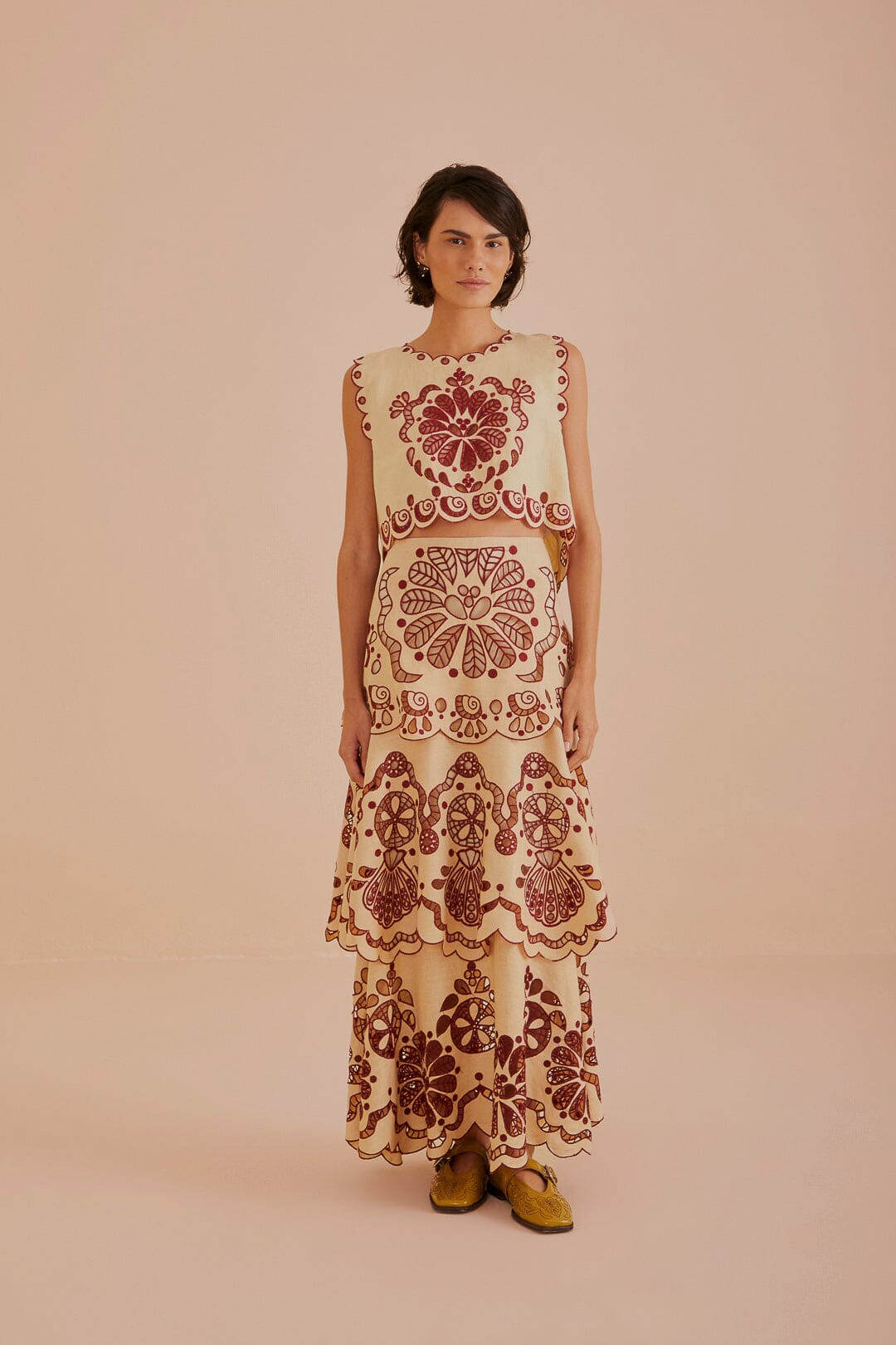 FARM Rio model wearing the Sand Richelieu Midi Skirt
