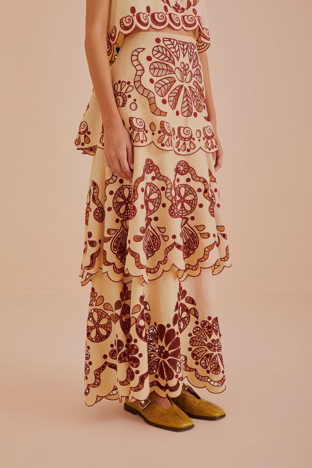 FARM Rio model wearing the Sand Richelieu Midi Skirt