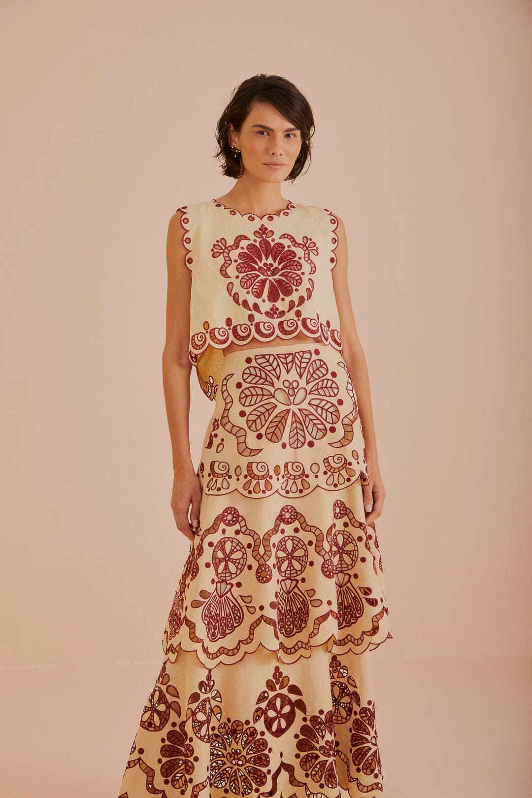 FARM Rio model wearing the Sand Richelieu Midi Skirt