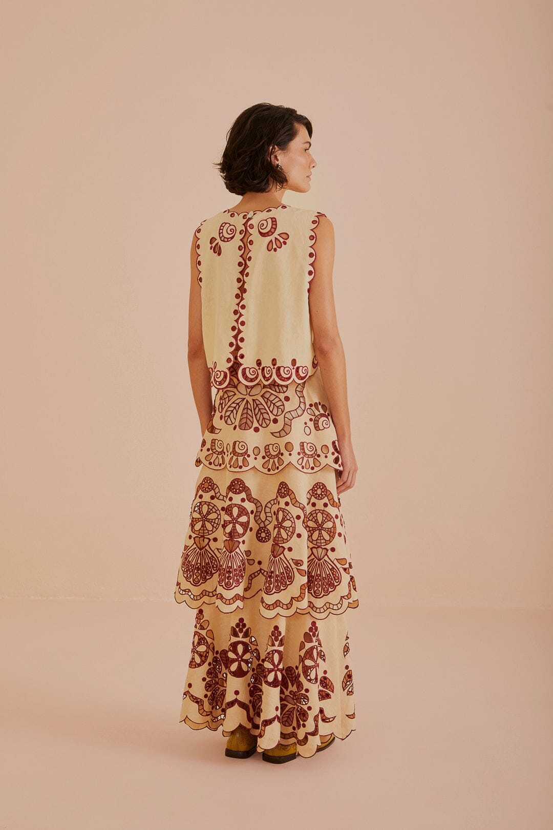 FARM Rio model wearing the Sand Richelieu Midi Skirt