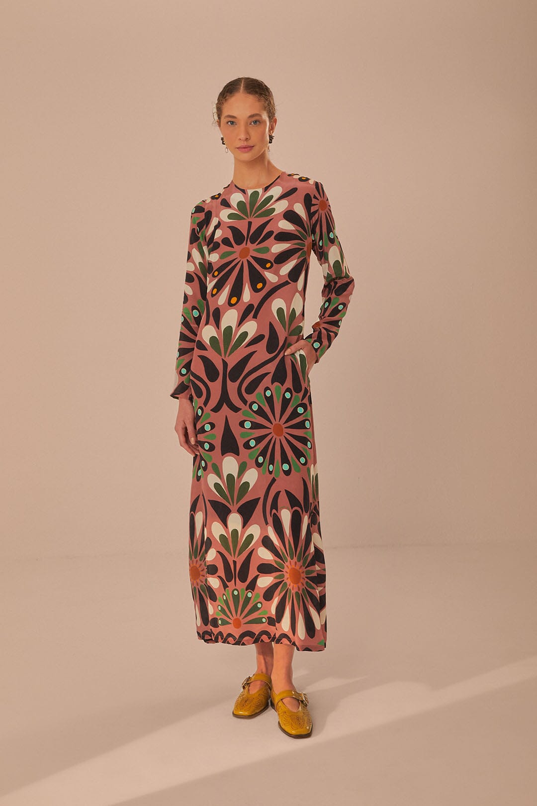 FARM Rio model wearing the Pink Ainika Flowers Long Sleeve Maxi Dress