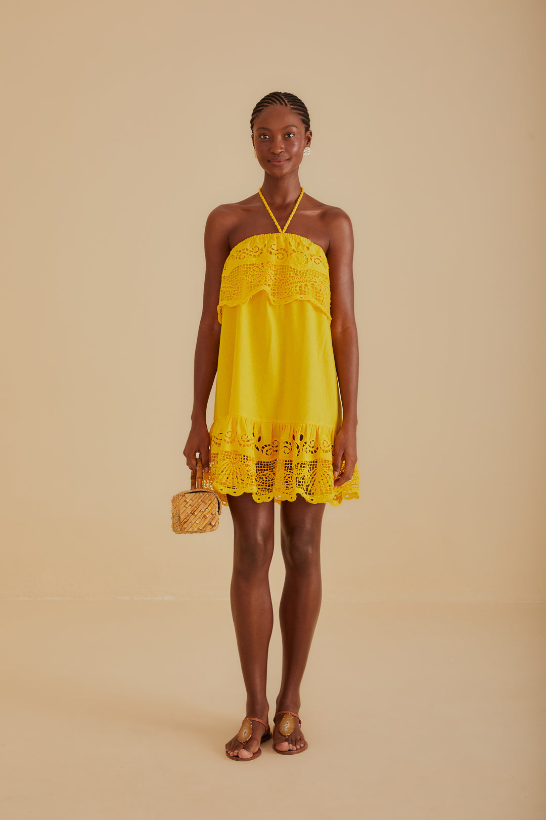 FARM Rio model wearing the Embroidery Guipure Yellow Mini Dress
