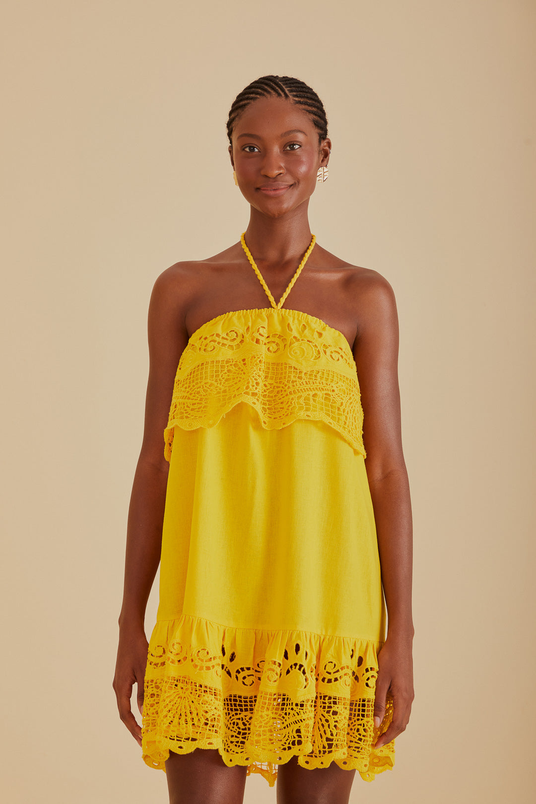 FARM Rio model wearing the Embroidery Guipure Yellow Mini Dress
