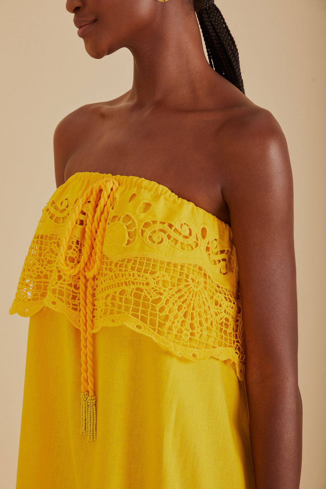 FARM Rio model wearing the Embroidery Guipure Yellow Mini Dress