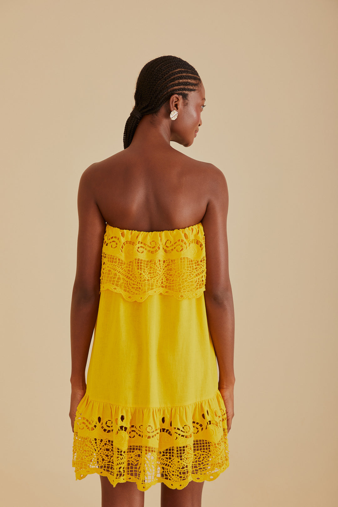 FARM Rio model wearing the Embroidery Guipure Yellow Mini Dress