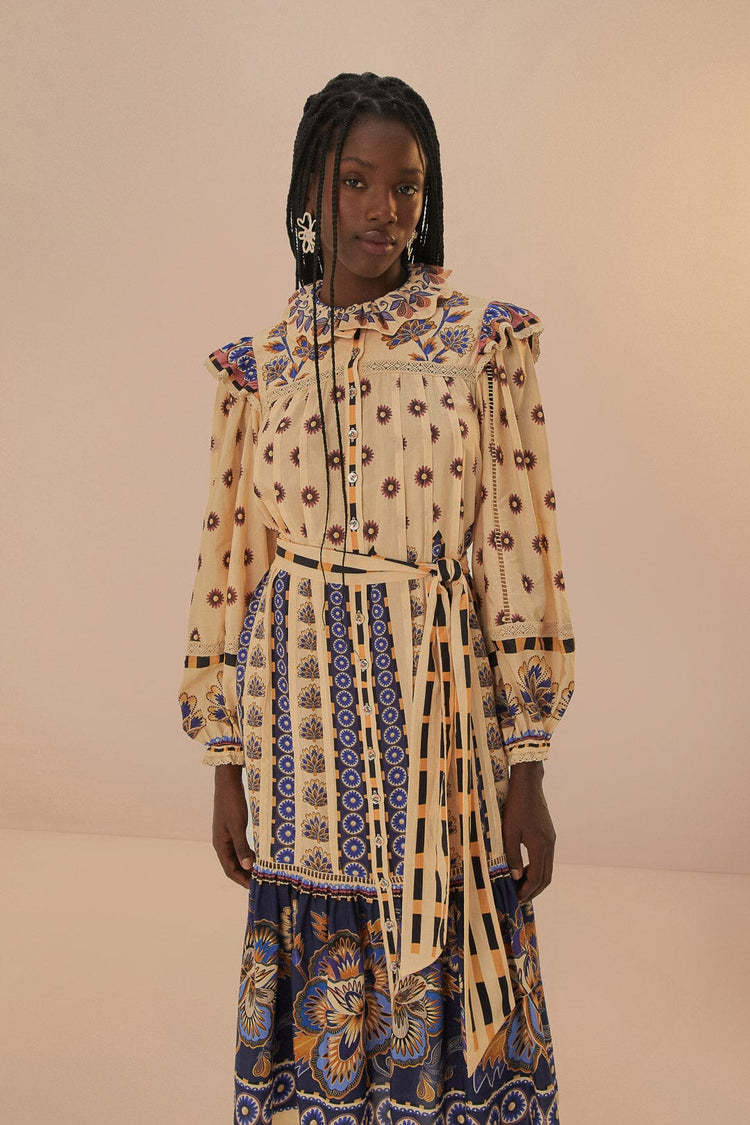 FARM Rio model wearing the Ainika Maxi Floral Cream Midi Dress