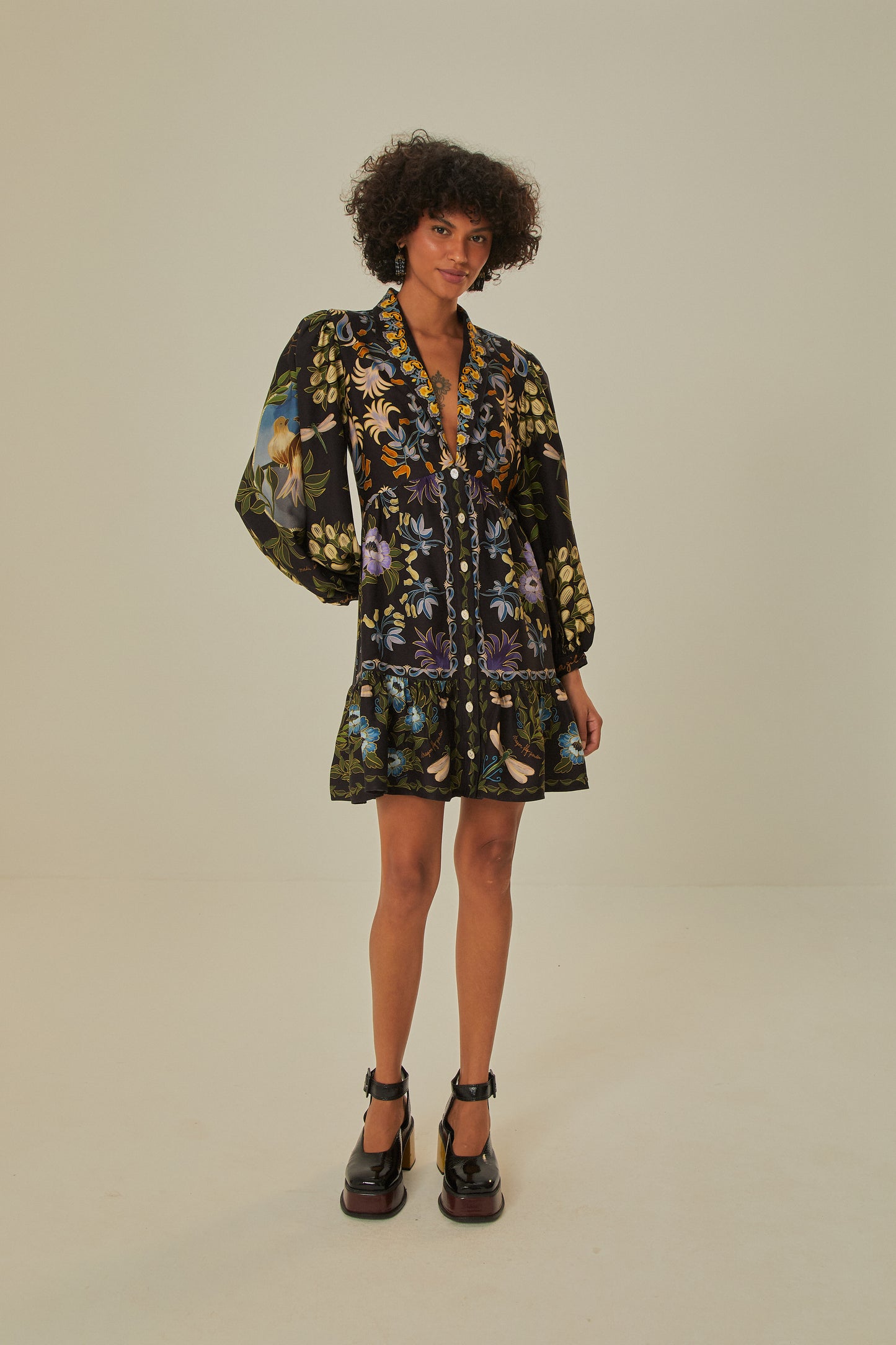 FARM Rio model wearing the Black Winter Garden Mini Dress Long Sleeves