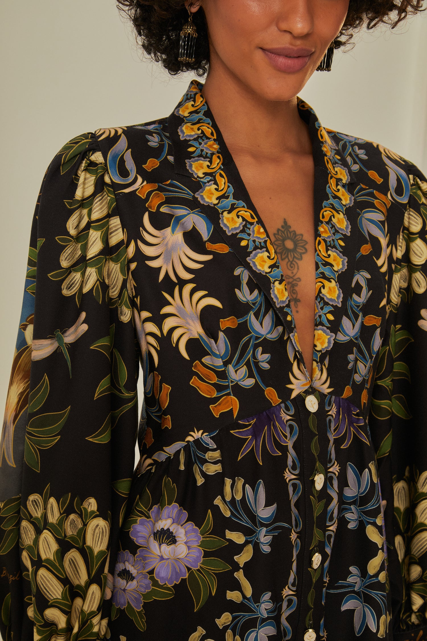 FARM Rio model wearing the Black Winter Garden Mini Dress Long Sleeves