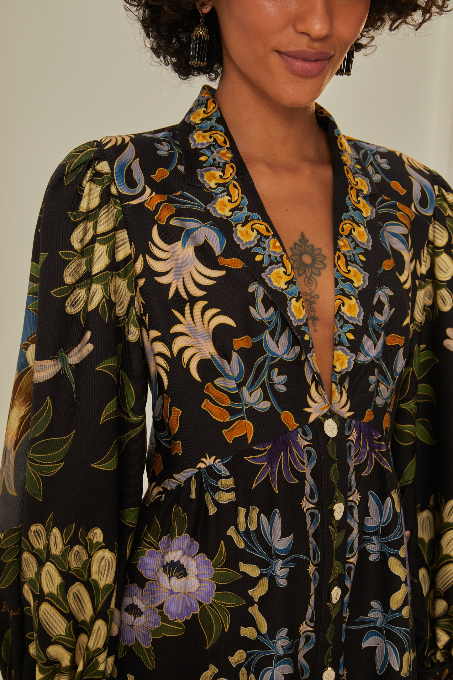 FARM Rio model wearing the Black Winter Garden Mini Dress Long Sleeves