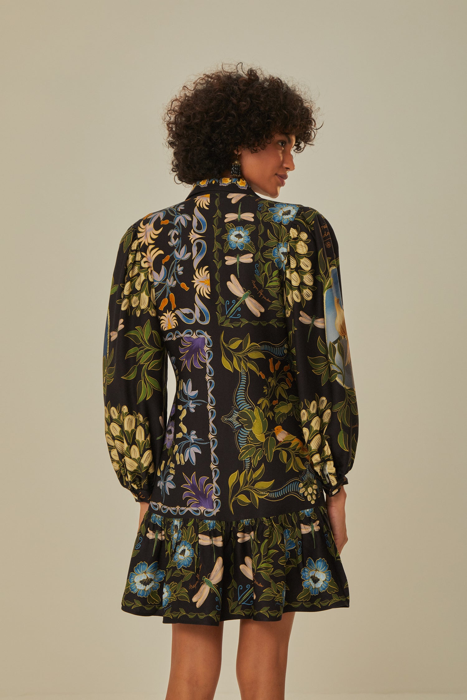 FARM Rio model wearing the Black Winter Garden Mini Dress Long Sleeves