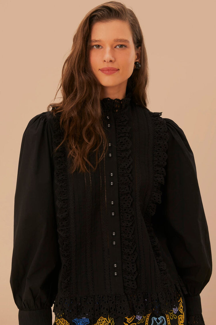 FARM Rio model wearing the Black Lace And Pleats Shirt