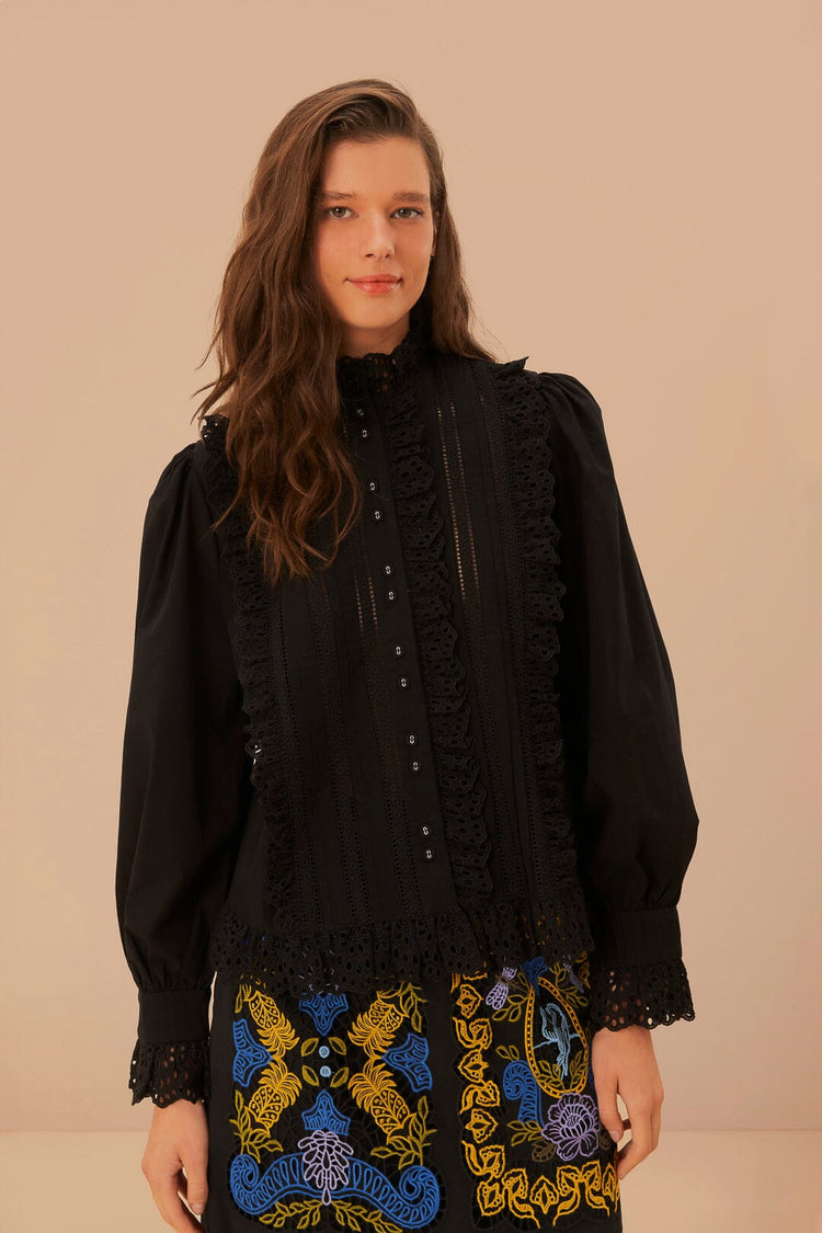 FARM Rio model wearing the Black Lace And Pleats Shirt