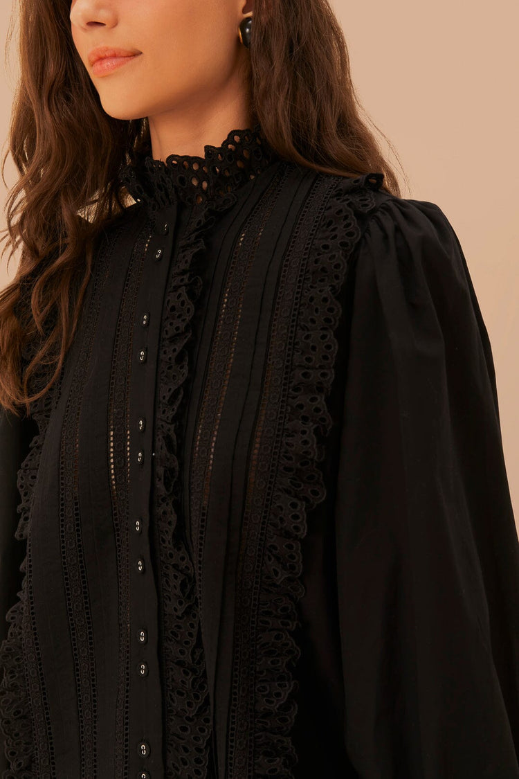 FARM Rio model wearing the Black Lace And Pleats Shirt