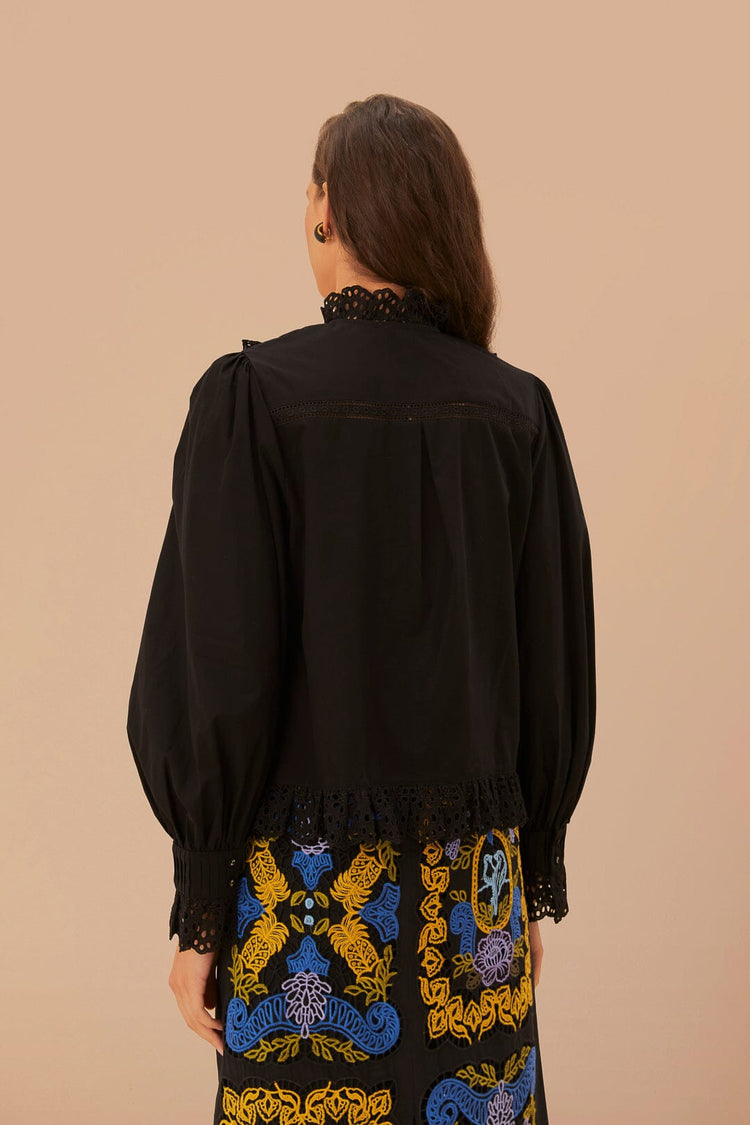 FARM Rio model wearing the Black Lace And Pleats Shirt