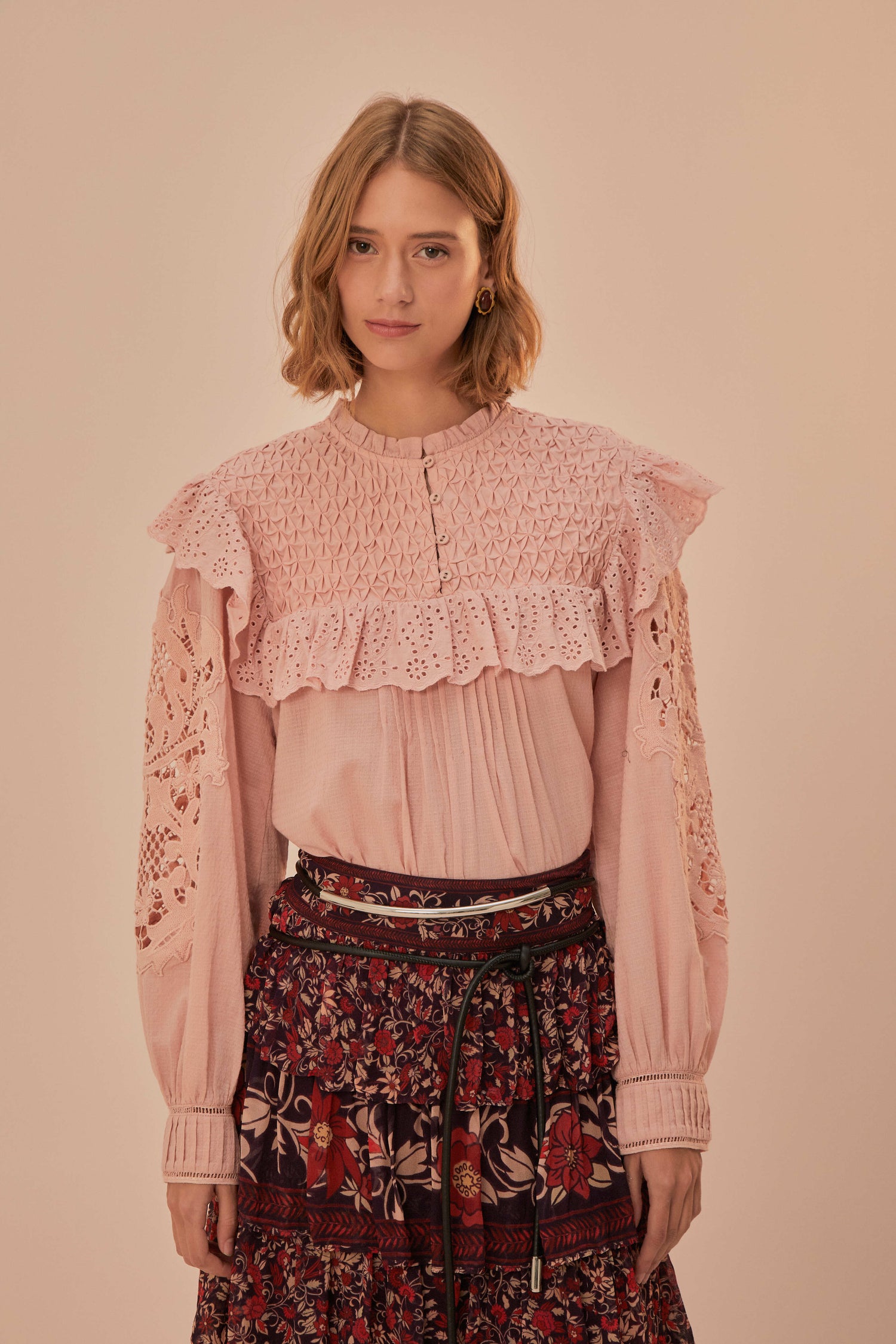 FARM Rio model wearing the Rose Honeycomb Blouse
