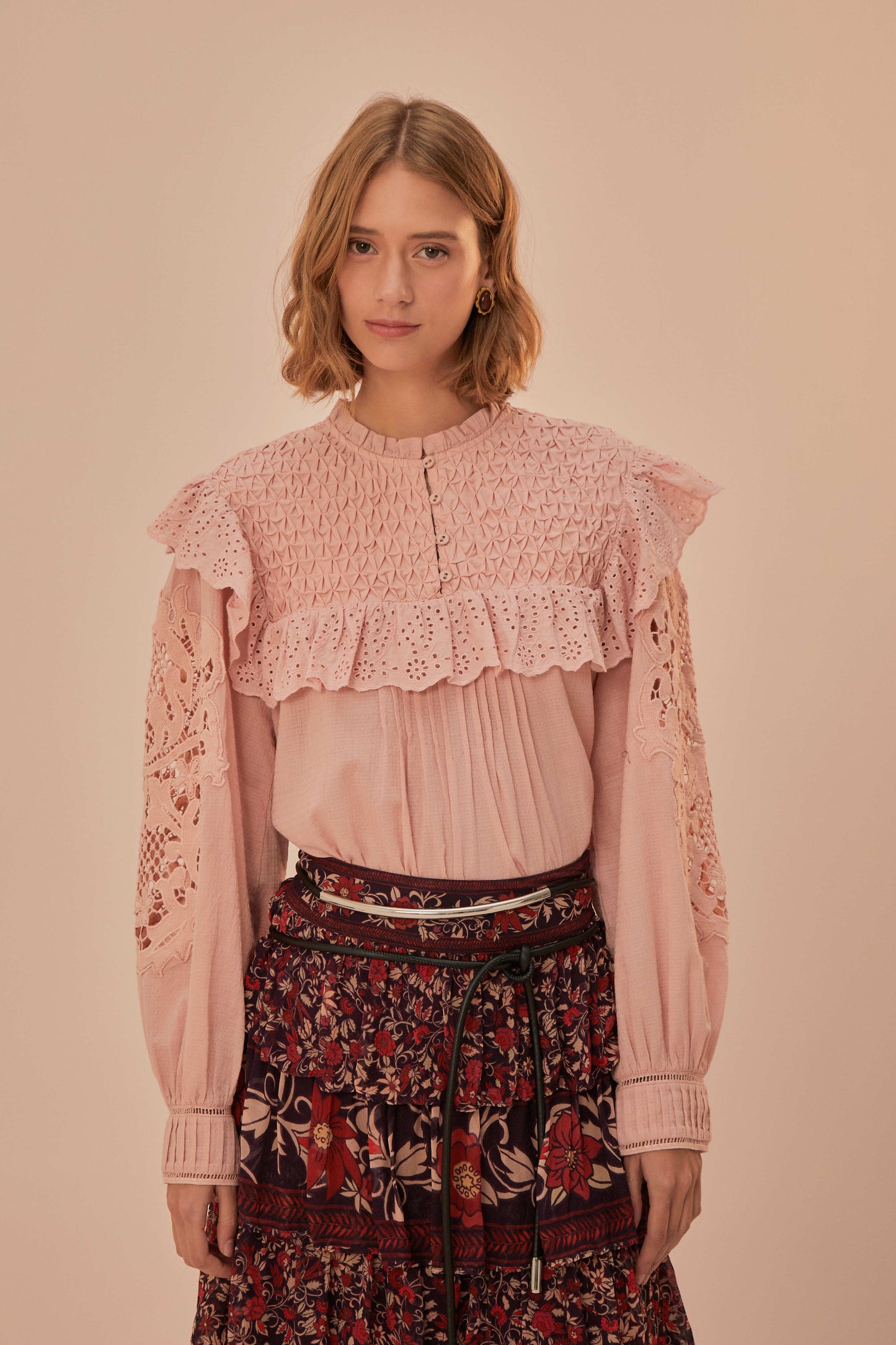 FARM Rio model wearing the Rose Honeycomb Blouse