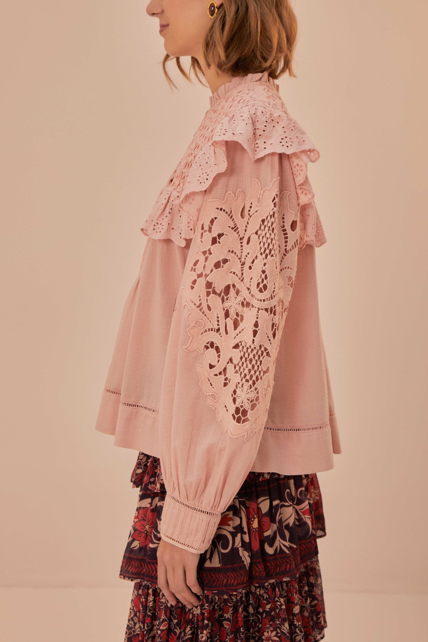 FARM Rio model wearing the Rose Honeycomb Blouse