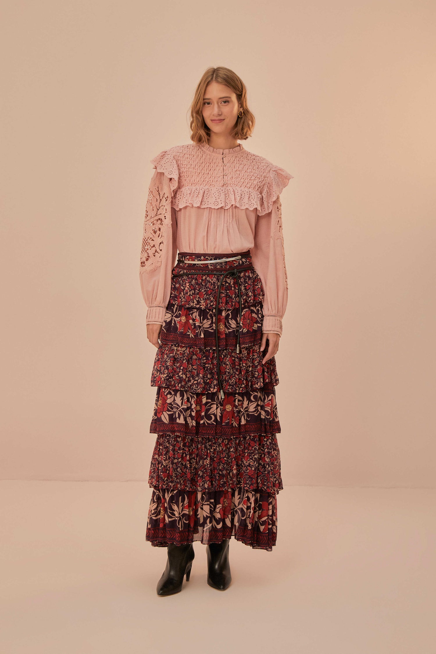 FARM Rio model wearing the Rose Honeycomb Blouse